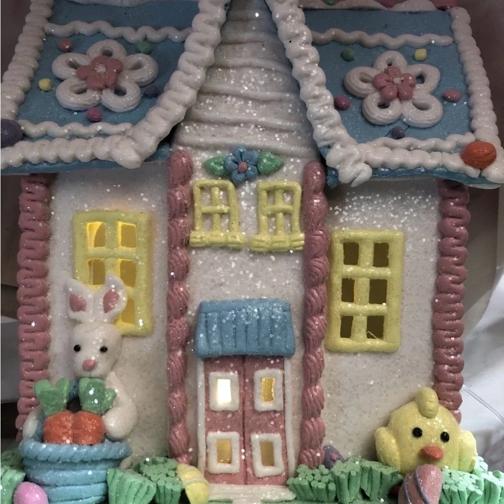 Easter Spring Clay Dough Light Up House 9” White Bunny In Glittered Gingerbread